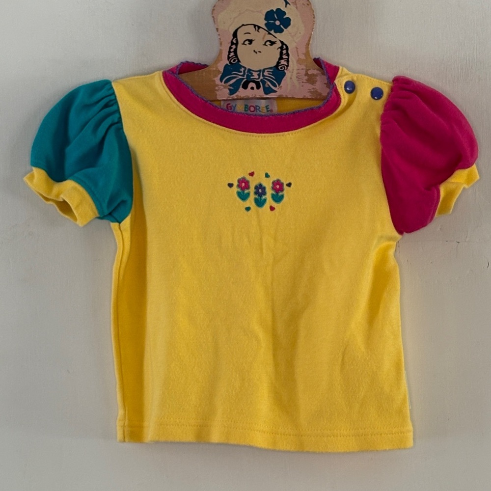 Gymboree yellow knit embroidered top with pink teal sleeves Rainbow tag Size XS